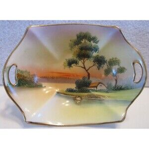 Antique Nippon Hand Painted Double Handled Tree in Meadow with Swan Bowl